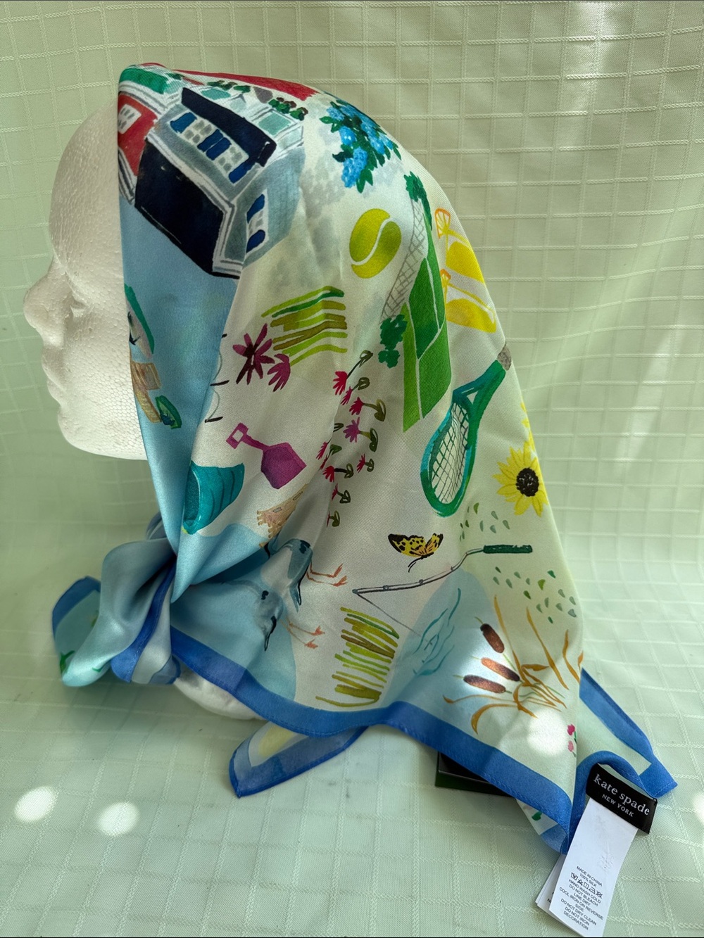 New Kate Spade Multicolor Beach-Print Silk Scarf with Blue Border